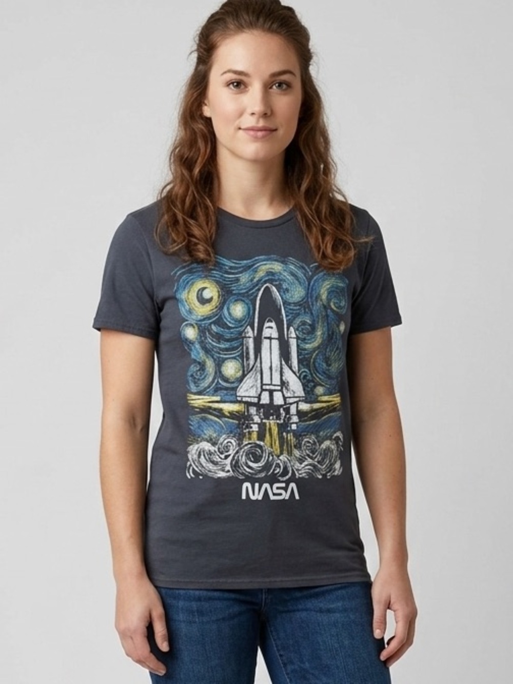 NASA Starry Night Rocket Launch Tee M 19” p2p Black EUC